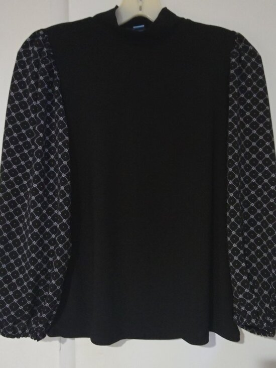 CeCe Tops - CeCe Mixed Media Funnel Neck Top Black Sheer Patterned Sleeves Women's XS